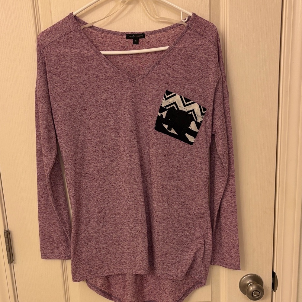 Purple V-Neck Long Sleeve Top with Pocket
